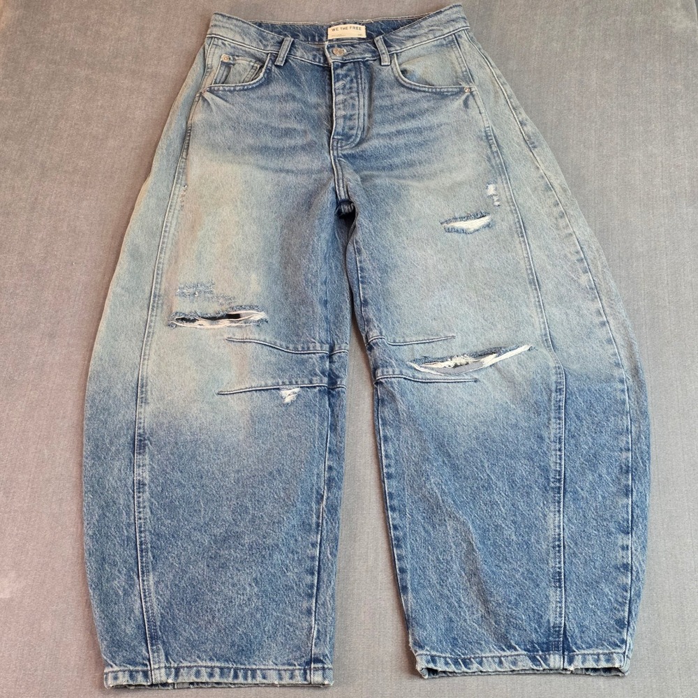 We The Free Good Luck Barrel Jeans Women 26 Light Wash Distressed Curved Boho